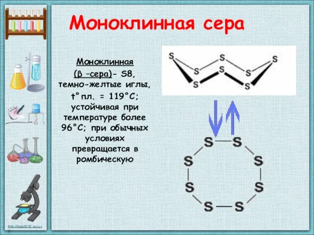 Моноклинная сера Моноклинная (β –сера)- S8, темно-желтые иглы, t°пл. = 119°C;