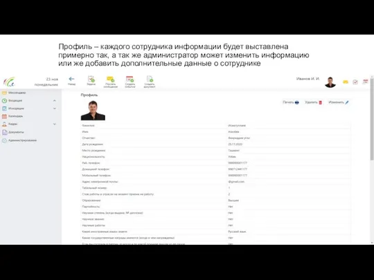 Профиль – каждого сотрудника информации будет выставлена примерно так, а так