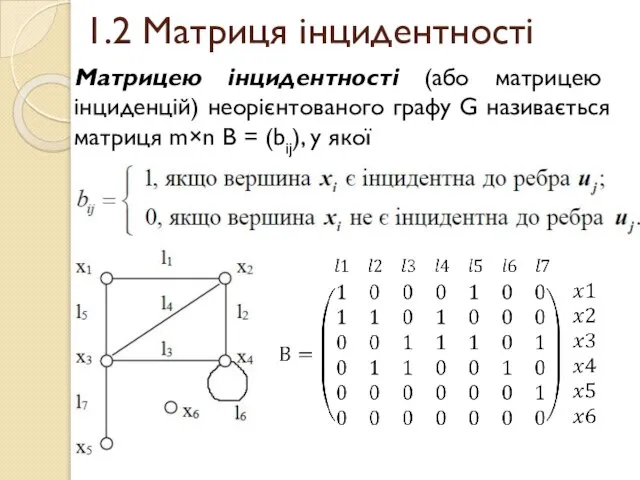 1.2 Матриця інцидентності Матрицею інцидентності (або матрицею інциденцій) неорієнтованого графу G