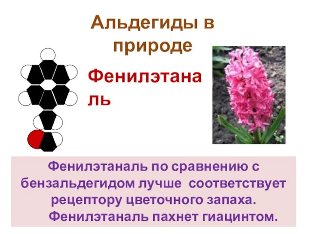 Фенилэтаналь Фенилэтаналь по сравнению с бензальдегидом лучше соответствует рецептору цветочного запаха.