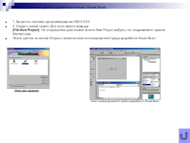 Итегрированная среда разработки языка Visual Basic 1. Запустить систему программирования VB5.0
