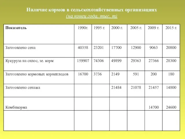 Наличие кормов в сельскохозяйственных организациях (на конец года, тыс, т)