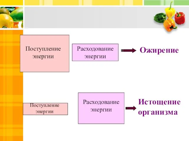 Поступление энергии Поступление энергии Расходование энергии Расходование энергии Истощение организма Ожирение