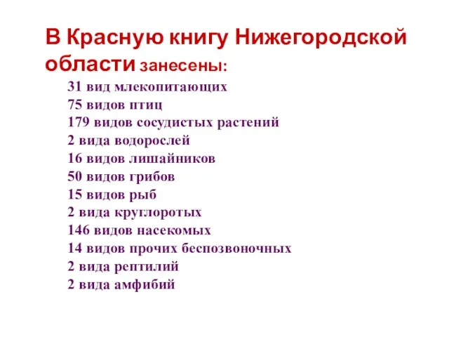 В Красную книгу Нижегородской области занесены: 31 вид млекопитающих 75 видов