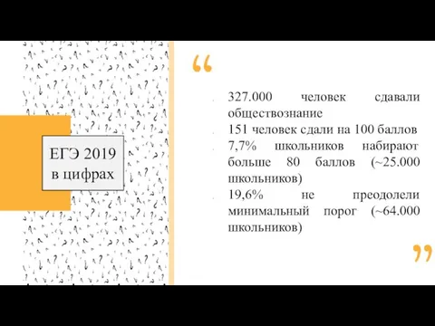 327.000 человек сдавали обществознание 151 человек сдали на 100 баллов 7,7%