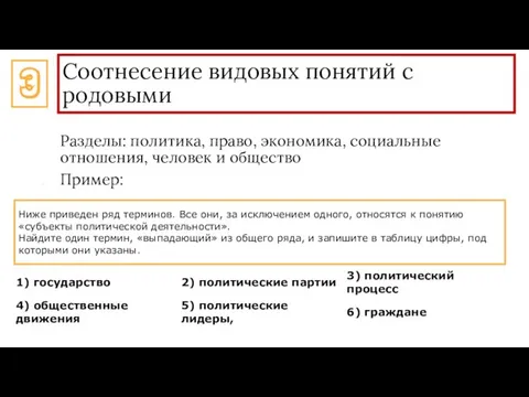 Соотнесение видовых понятий с родовыми Разделы: политика, право, экономика, социальные отношения,