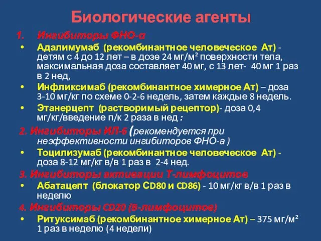 Биологические агенты Ингибиторы ФНО-α Адалимумаб (рекомбинантное человеческое Ат) - детям с