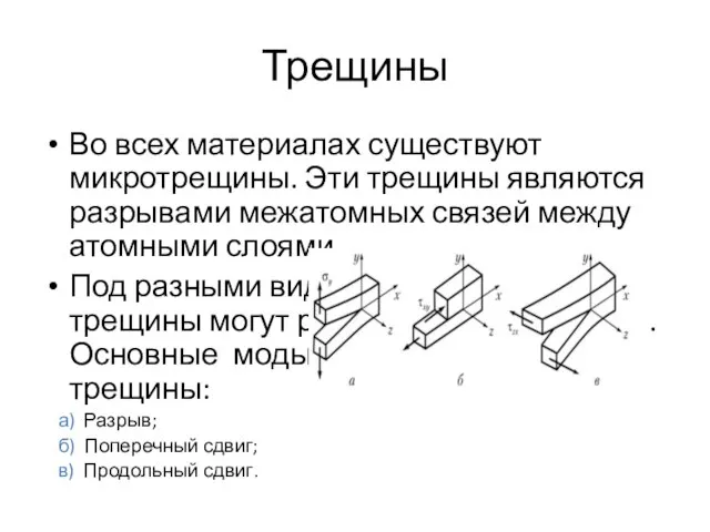 Трещины Во всех материалах существуют микротрещины. Эти трещины являются разрывами межатомных