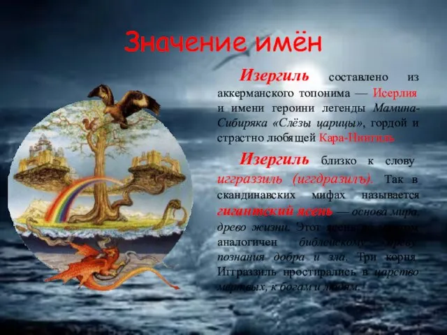 Значение имён Изергиль составлено из аккерманского топонима — Исерлия и имени