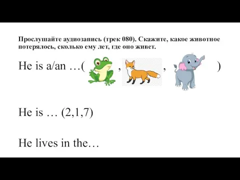 Прослушайте аудиозапись (трек 080). Скажите, какое животное потерялось, сколько ему лет,