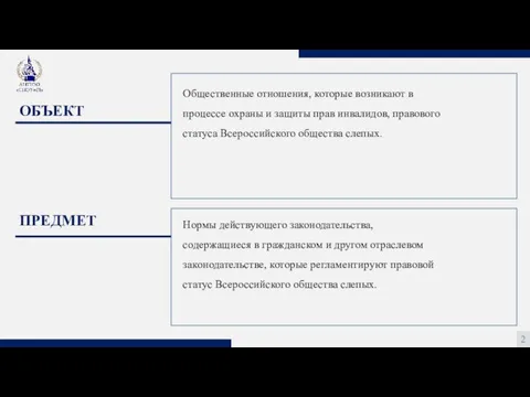 2 ОБЪЕКТ ПРЕДМЕТ Общественные отношения, которые возникают в процессе охраны и