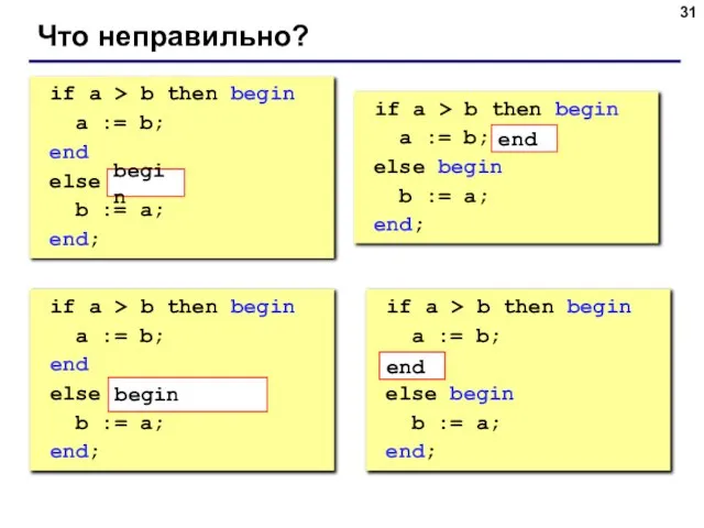 Что неправильно? if a > b then begin a := b;