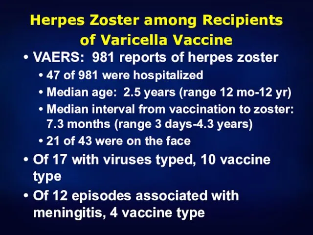 Herpes Zoster among Recipients of Varicella Vaccine VAERS: 981 reports of