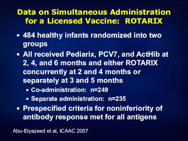 Data on Simultaneous Administration for a Licensed Vaccine: ROTARIX 484 healthy