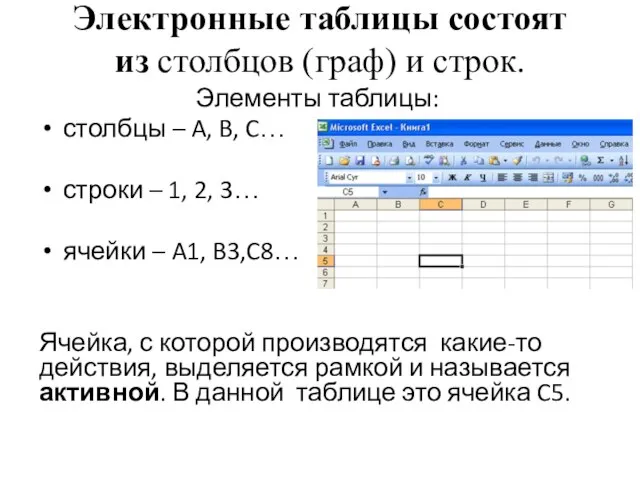 Электронные таблицы состоят из столбцов (граф) и строк. Элементы таблицы: столбцы