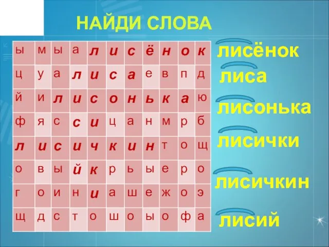 НАЙДИ СЛОВА лисёнок лиса лисонька лисички лисичкин лисий