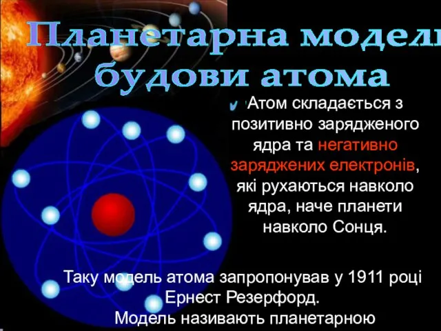 Планетарна модель будови атома Атом складається з позитивно зарядженого ядра та