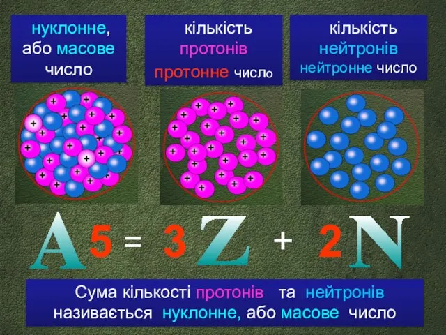 Z кількість протонів протонне число кількість нейтронів нейтронне число А N