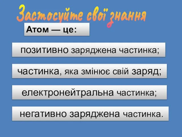 Застосуйте свої знання Атом — це: позитивно заряджена частинка; електронейтральна частинка;