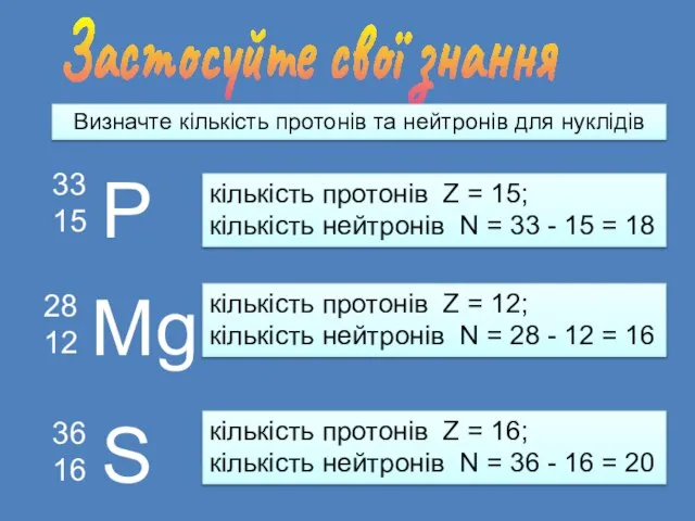 Застосуйте свої знання Визначте кількість протонів та нейтронів для нуклідів Р