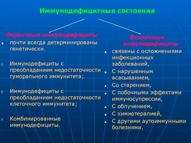 Иммунодефицитные состояния Первичные иммунодефициты почти всегда детерминированы генетически. Иммунодефициты с преобладанием