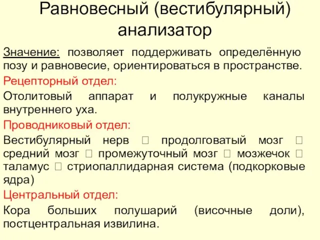 Равновесный (вестибулярный) анализатор Значение: позволяет поддерживать определённую позу и равновесие, ориентироваться