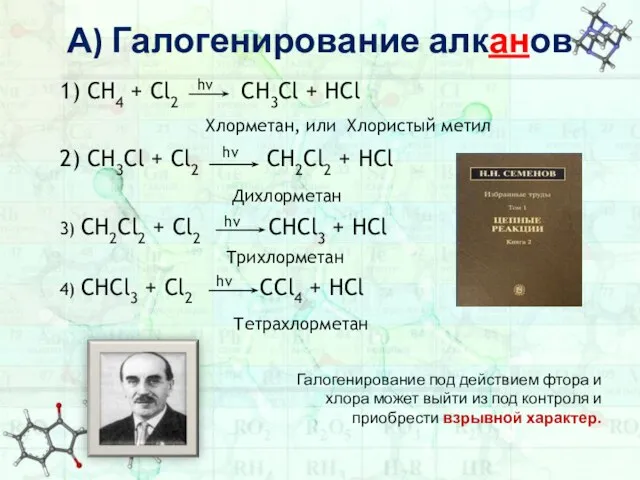 А) Галогенирование алканов 1) СН4 + Cl2 hv CH3Cl + HCl