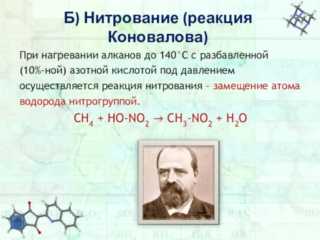 Б) Нитрование (реакция Коновалова) При нагревании алканов до 140°С с разбавленной