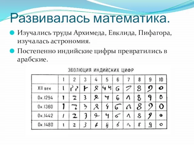 Развивалась математика. Изучались труды Архимеда, Евклида, Пифагора, изучалась астрономия. Постепенно индийские цифры превратились в арабские.