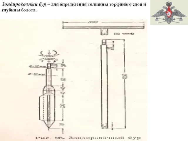 Зондировочный бур – для определения толщины торфяного слоя и глубины болота.