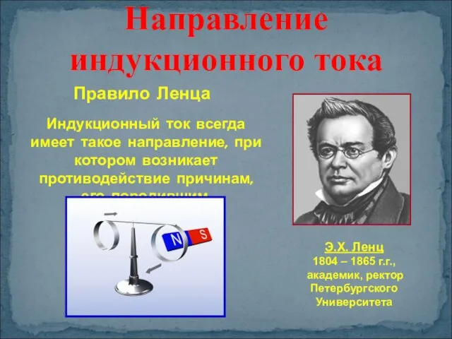 Направление индукционного тока Правило Ленца Э.Х. Ленц 1804 – 1865 г.г.,