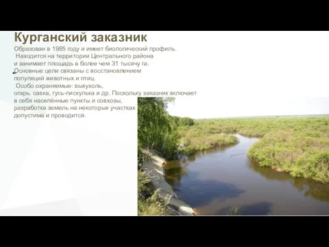 Курганский заказник Образован в 1985 году и имеет биологический профиль. Находится