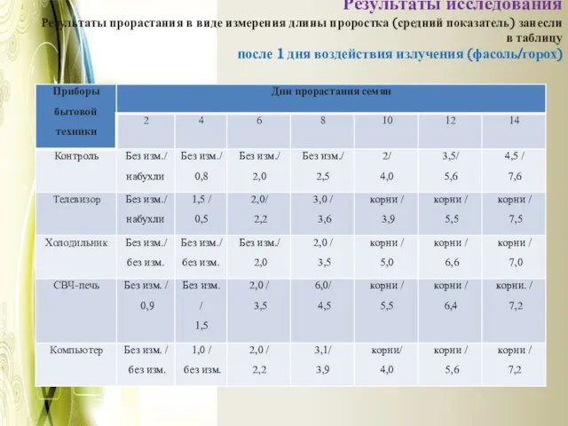 Результаты исследования Результаты прорастания в виде измерения длины проростка (средний показатель)