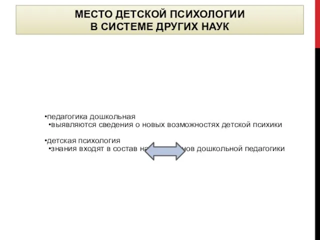 МЕСТО ДЕТСКОЙ ПСИХОЛОГИИ В СИСТЕМЕ ДРУГИХ НАУК педагогика дошкольная выявляются сведения