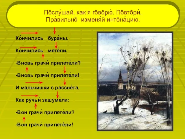 Ко́нчились бура́ны. Ко́нчились мете́ли. -Вновь грачи́ прилете́ли? -Вновь грачи́ прилете́ли! И