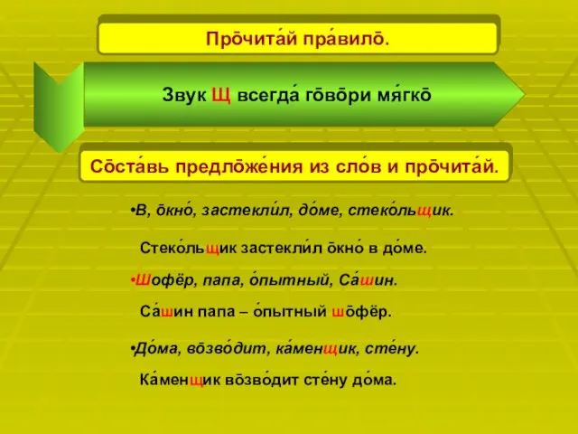 Про̄чита́й пра́вило̄. Звук Щ всегда́ го̄во̄ри мя́гко̄ Со̄ста́вь предло̄же́ния из сло́в