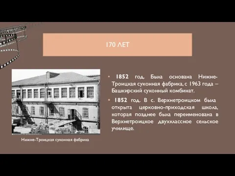 170 ЛЕТ 1852 год. Была основана Нижне-Троицкая суконная фабрика, с 1963