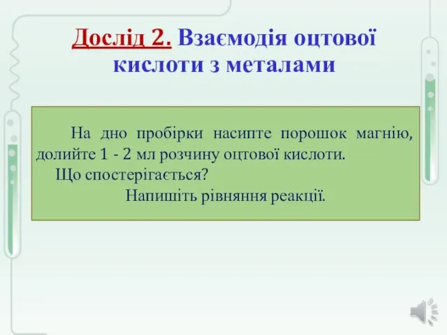 На дно пробірки насипте порошок магнію, долийте 1 - 2 мл