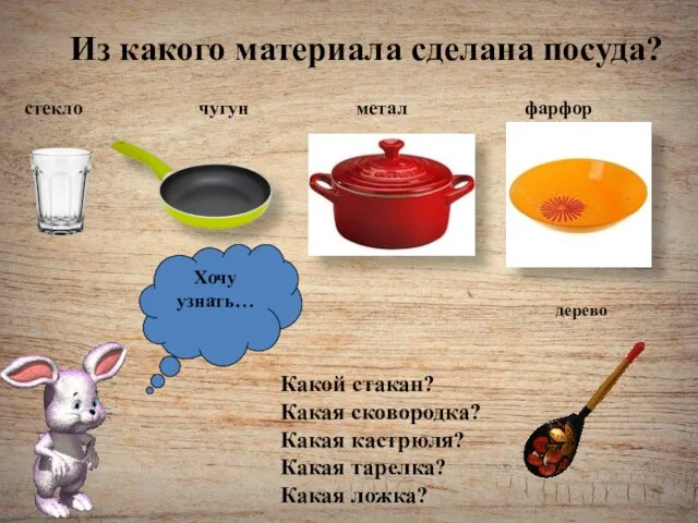 Из какого материала сделана посуда? Какой стакан? Какая сковородка? Какая кастрюля?