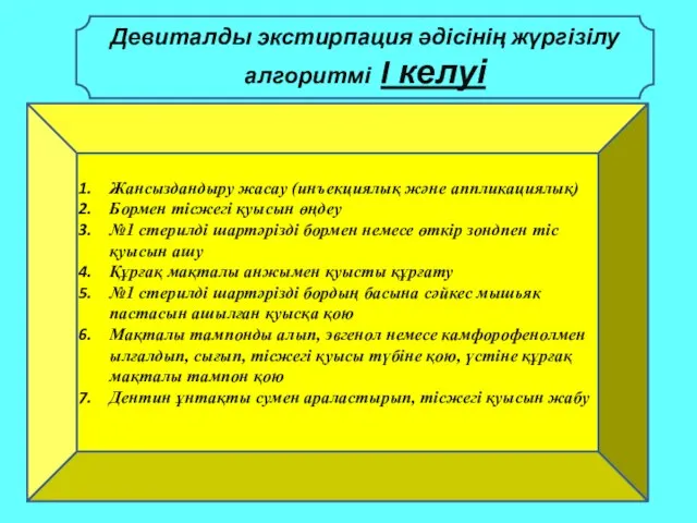 Девиталды экстирпация әдісінің жүргізілу алгоритмі I келуі Жансыздандыру жасау (инъекциялық және