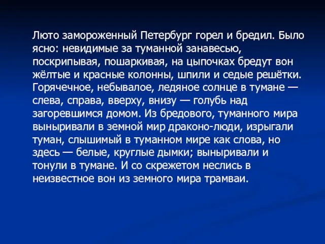 Люто замороженный Петербург горел и бредил. Было ясно: невидимые за туманной