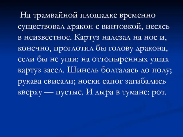 На трамвайной площадке временно существовал дракон с винтовкой, несясь в неизвестное.