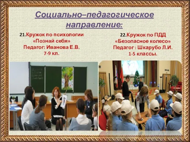 21.Кружок по психологии «Познай себя» Педагог: Иванова Е.В. 7-9 кл. 22.Кружок