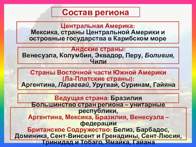 Состав региона Центральная Америка: Мексика, страны Центральной Америки и островные государства