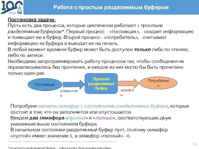 Работа с простым разделяемым буфером Постановка задачи: Пусть есть два процесса,