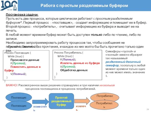 Работа с простым разделяемым буфером Постановка задачи: Пусть есть два процесса,