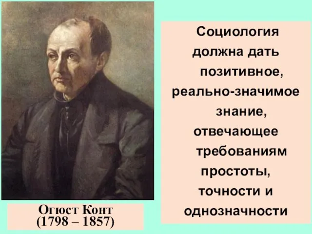 Огюст Конт (1798 – 1857) Социология должна дать позитивное, реально-значимое знание,