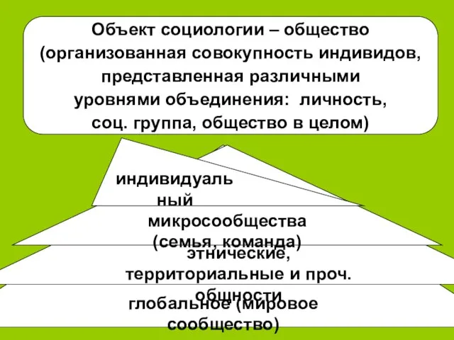 Объект социологии – общество (организованная совокупность индивидов, представленная различными уровнями объединения: