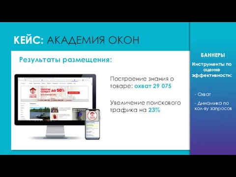 КЕЙС: АКАДЕМИЯ ОКОН Результаты размещения: БАННЕРЫ Инструменты по оценке эффективности: Построение