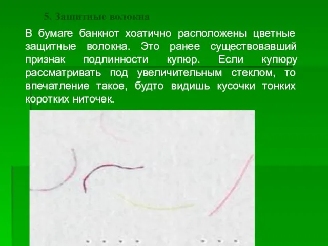 5. Защитные волокна В бумаге банкнот хоатично расположены цветные защитные волокна.